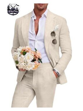 Men's Linen Suit 2 Piece Slim Fit Blazer & Pants Set Beach Wedding